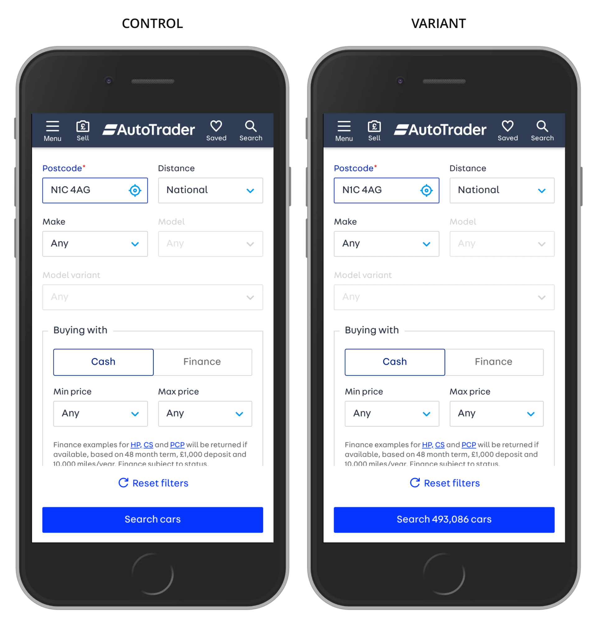 A/b testing search count on button