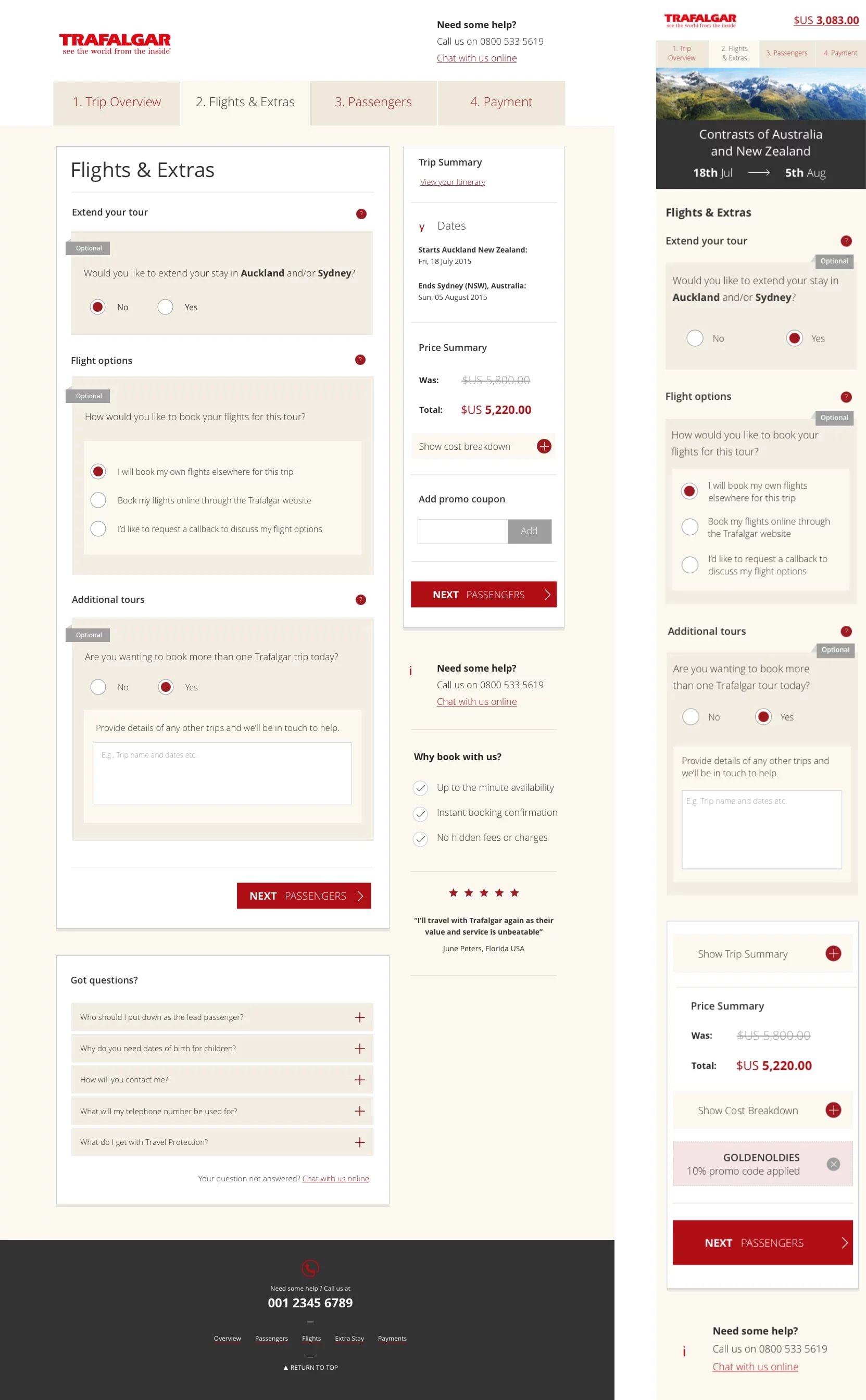 Booking engine flight and extras selection